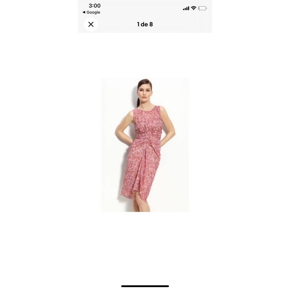 BCBGMAXAZRIA Pink Orange Abstract Print Ruched Draped Midi Dress Size 4 - Picture 2 of 16